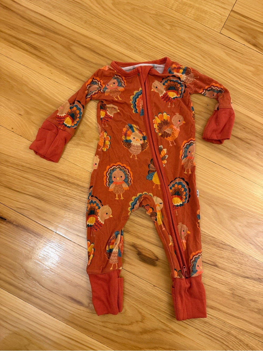 Little Sleepies Rust Orange Turkey-Print Zippered Kids One-Piece Pajamas